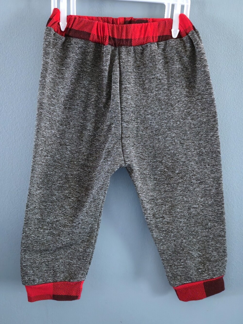 Baby Grey Jogger Pants with Red Plaid Accents 12-18m